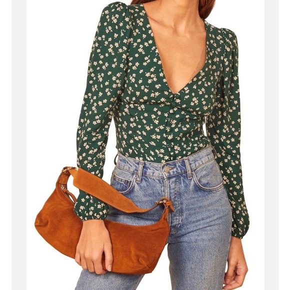Reformation Tops - Reformation Green Nell Blouse Long Sleeve Low Neckline Size XS